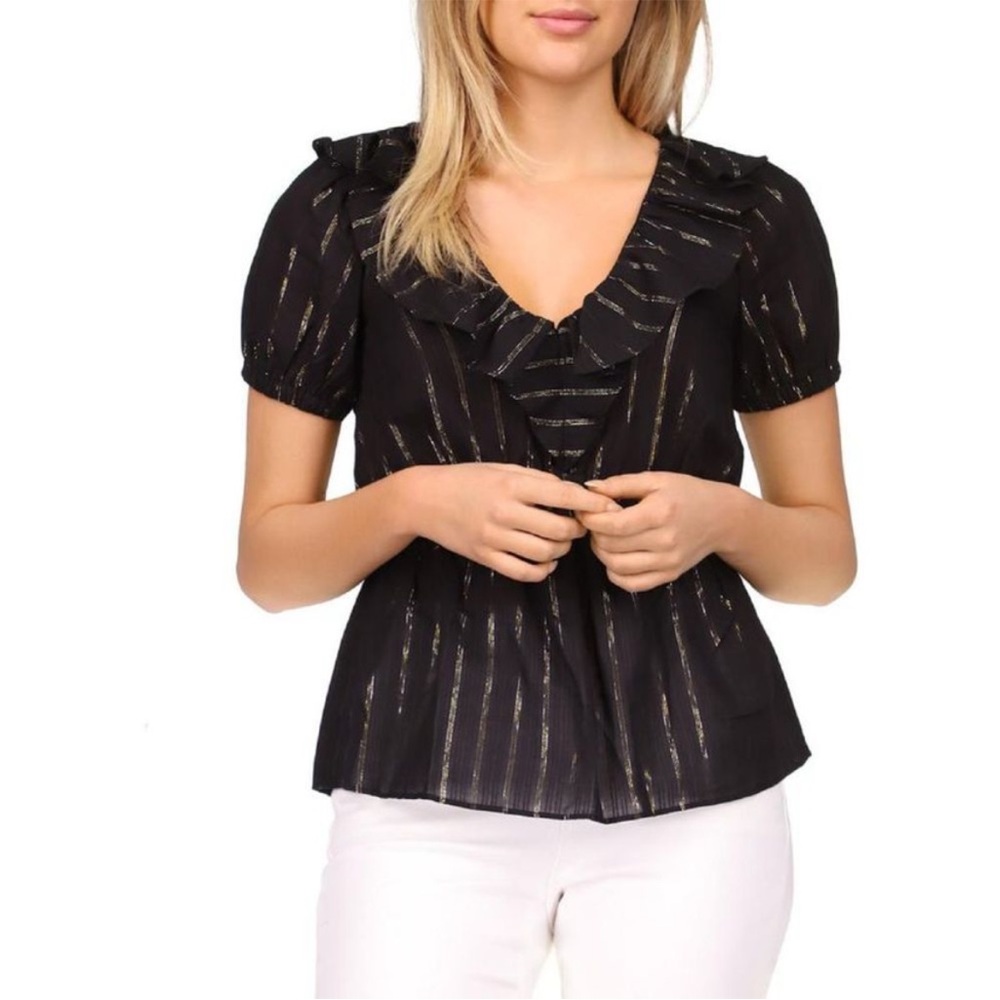 MICHAEL Michael Kors Womens Metallic Striped Ruffled Top Blouse Black Size Large